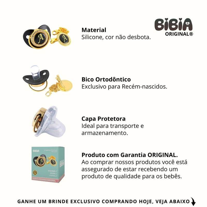 Chupeta Preta BIBIA™ + Prendedor com Inicial - Loja BiBia