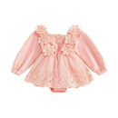 Body rosa bebê com mangas longas e detalhes em renda floral para bebê