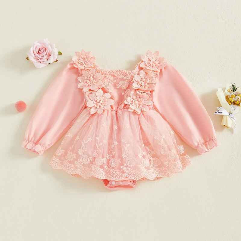 Body rosa bebê com mangas longas e saia de renda floral para bebê menina